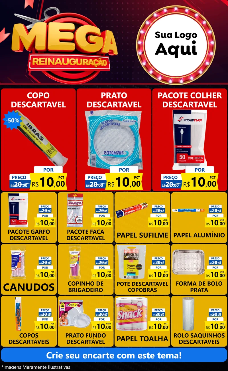 Modelo de Encarte para Encarte Grande com o tema Mega Reinauguração para Embalagens