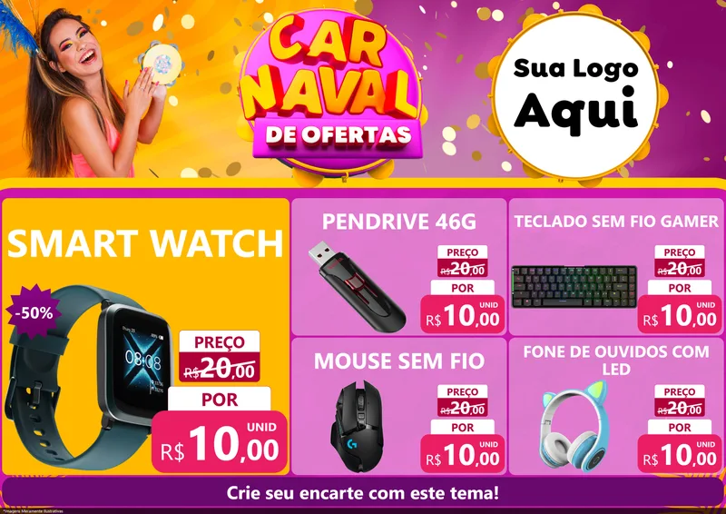 Modelo de Encarte para Encarte A4 Horizontal com o tema Carnaval de Ofertas para Informática