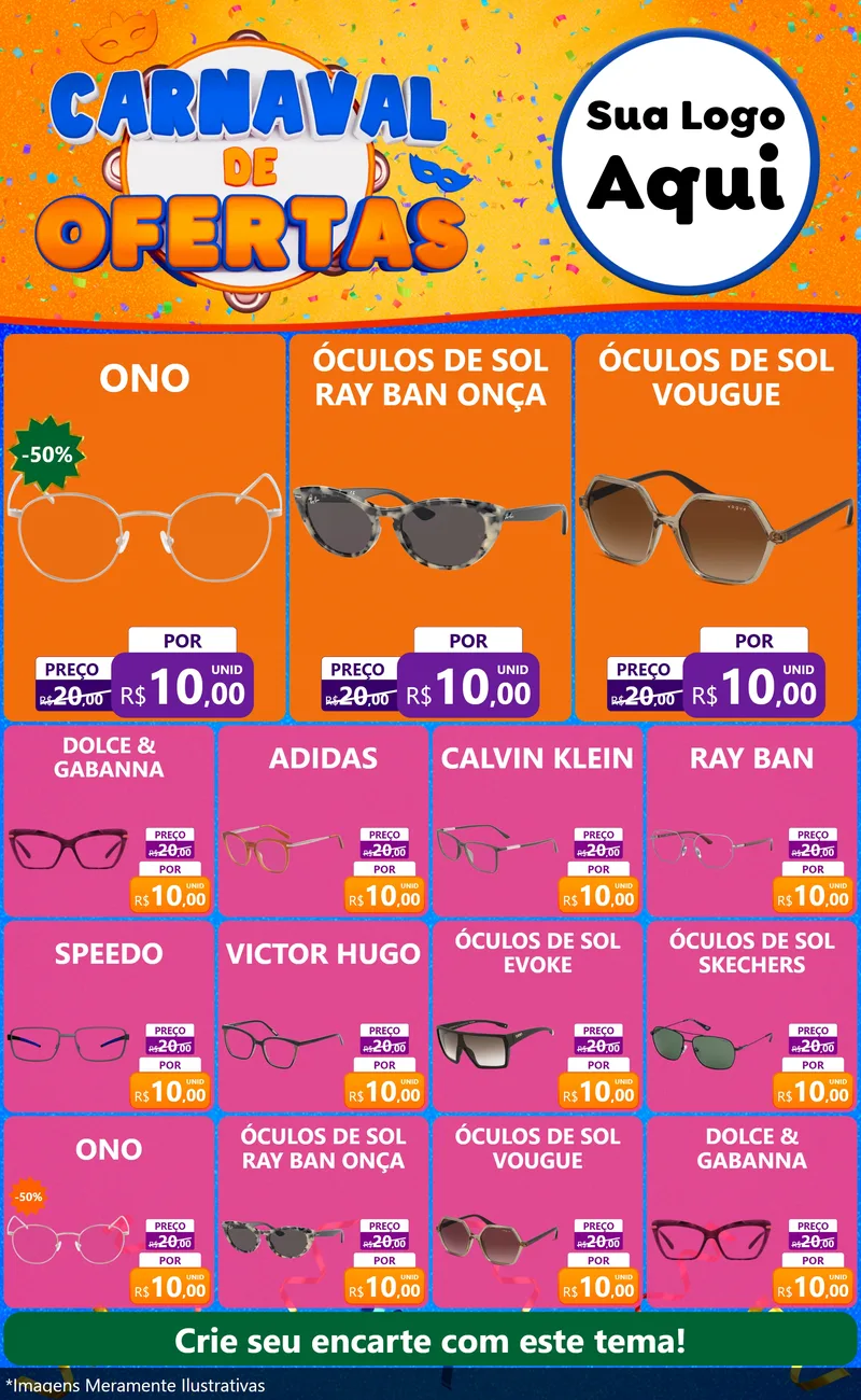 Modelo de Encarte para Encarte Grande com o tema Carnaval de Ofertas para Óticas