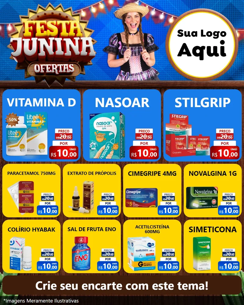 Modelo de Rede Social para Feed Instagram com o tema Festa Junina Ofertas para Farmácia