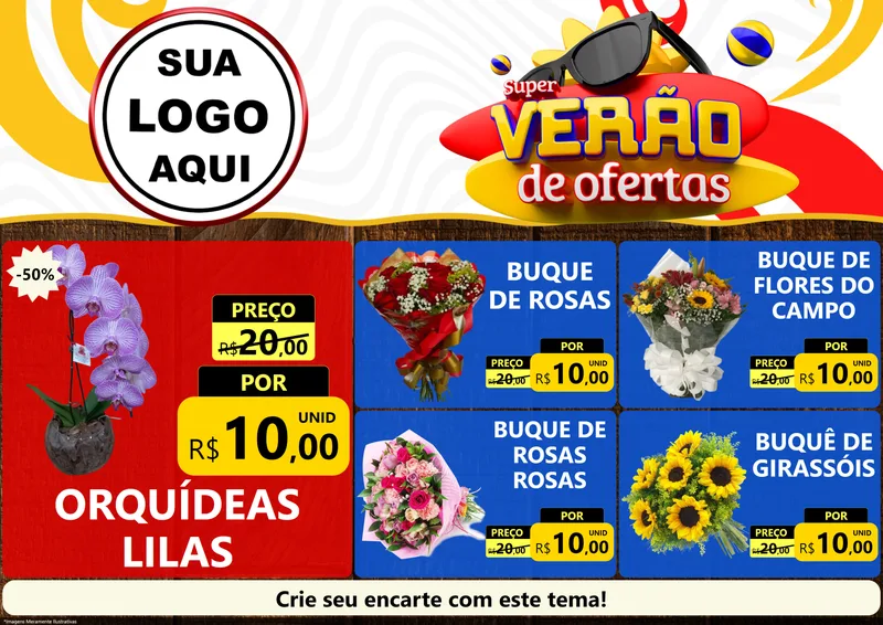 Modelo de Encarte para Encarte A4 Horizontal com o tema Super Verão de Ofertas para Floricultura e jardim