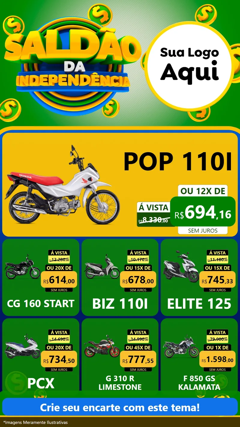 Modelo de Rede Social para Stories com o tema Saldão da Indepêndencia para Concessionaria de Motos
