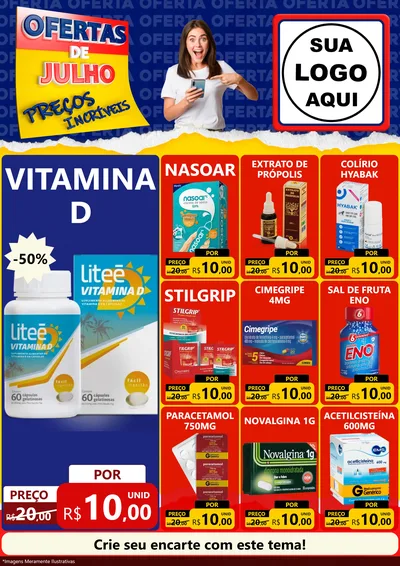 Modelo de Encarte para Encarte A4 Vertical com o tema Ofertas de Julho - Preços Incríveis para Farmácia