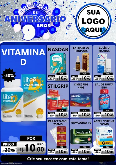 Modelo de Encarte para Encarte A4 Vertical com o tema Promoção de Aniversário - 9 Anos para Farmácia