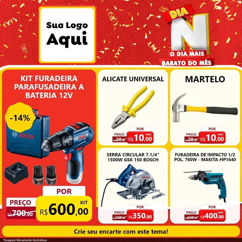 Modelo de Rede Social para Feed Facebook com o tema Dia N o Dia Mais Barato do Mês para Maquinas e Ferramentas