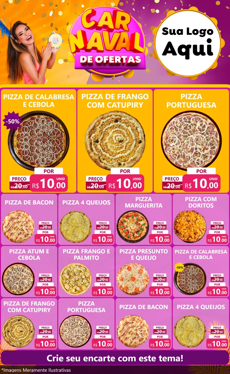 Modelo de Encarte para Encarte Grande com o tema Carnaval de Ofertas para Pizzaria