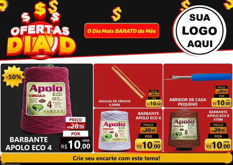 Modelo de Encarte para Encarte A4 Horizontal com o tema Ofertas Dia D para Armarinho e Aviamentos
