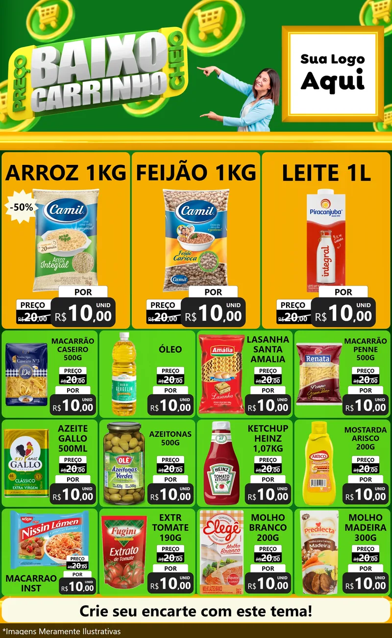 Modelo de Encarte para Encarte Grande com o tema Preço Baixo Carrinho Cheio para Supermercado
