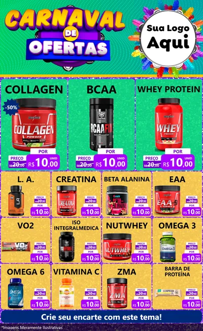 Modelo de Encarte para Encarte Grande com o tema Carnaval de Ofertas para Suplementos alimentares