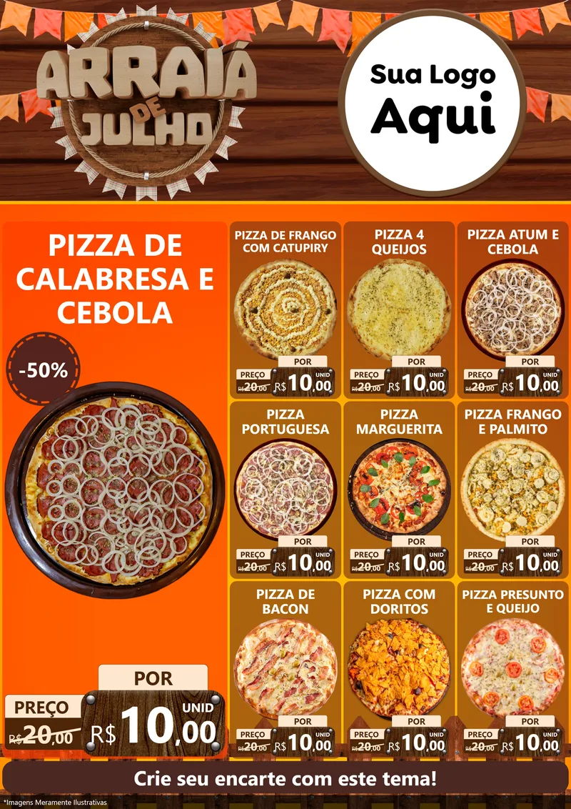 Modelo de Encarte para Encarte A4 Vertical com o tema Arraiá de Julho - Junina para Pizzaria