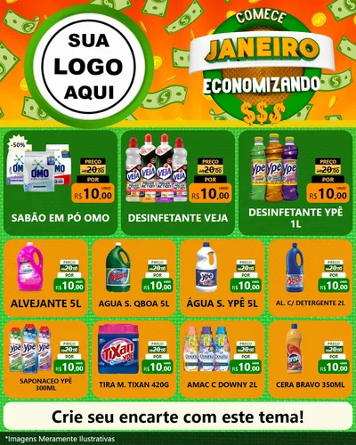 Modelo de Rede Social para Feed Instagram com o tema Comece Janeiro Economizando para Produtos de Limpeza