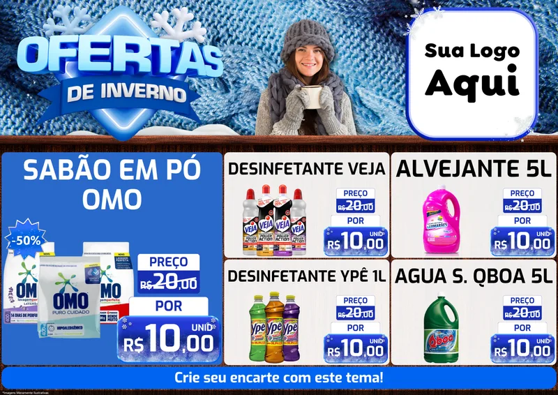 Modelo de Encarte para Encarte A4 Horizontal com o tema Ofertas de Inverno para Produtos de Limpeza