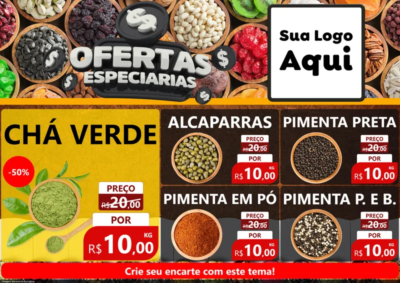 Modelo de Encarte para Encarte A4 Horizontal com o tema Ofertas Especiarias para Produtos Naturais