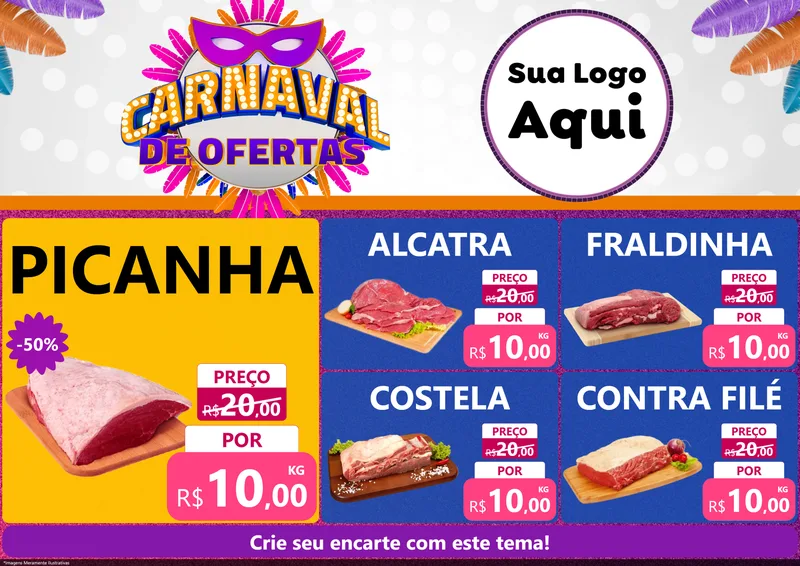 Modelo de Encarte para Encarte A4 Horizontal com o tema Carnaval de Ofertas para Açougue