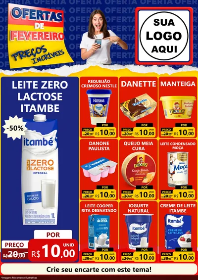 Modelo de Encarte para Encarte A4 Vertical com o tema Ofertas de Fevereiro - Preços Incríveis para Frios e Laticínios