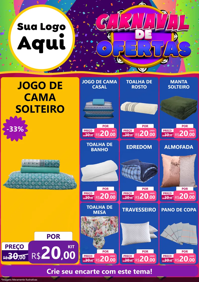 Modelo de Encarte para Encarte A4 Vertical com o tema Carnaval de Ofertas para Cama, Mesa e Banho