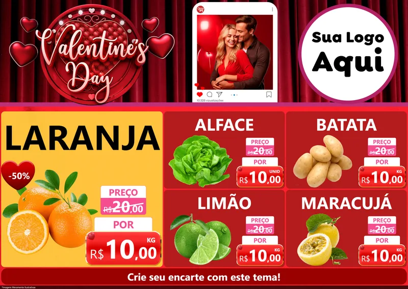 Modelo de Encarte para Encarte A4 Horizontal com o tema Valentine's Day para Hortifrúti