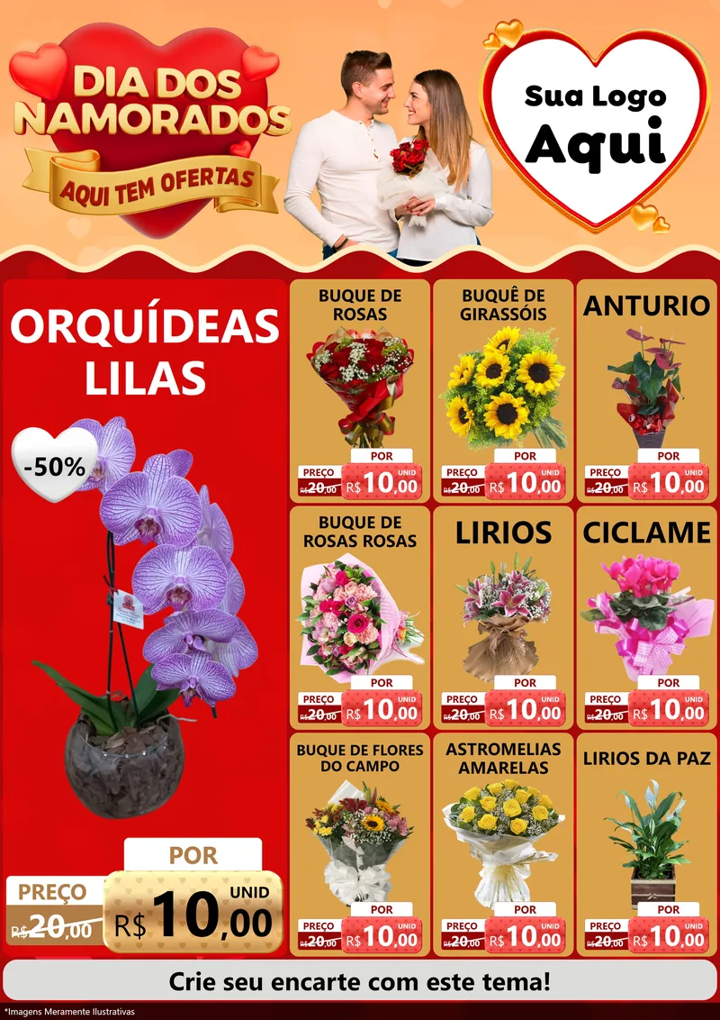 Modelo de Encarte para Encarte A4 Vertical com o tema Dia dos Namorados - Aqui Tem Ofertas para Floricultura e jardim
