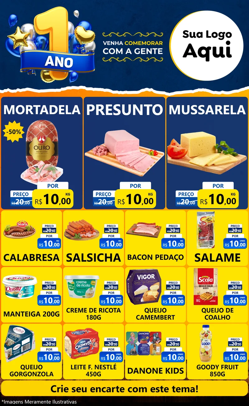 Modelo de Encarte para Encarte Grande com o tema Um Ano de Aniversário para Frios e Laticínios