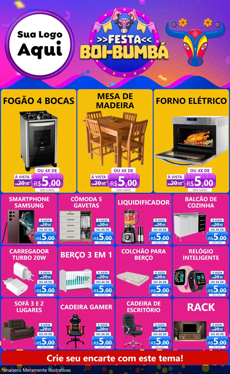 Modelo de Encarte para Encarte Grande com o tema Festa Boi-Bumbá para Móveis e Eletro