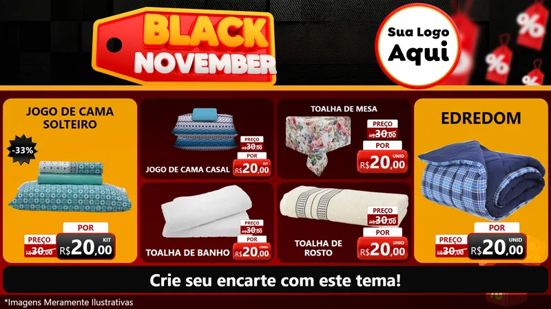 Modelo de TV para TV Horizontal com o tema Black November para Cama, Mesa e Banho