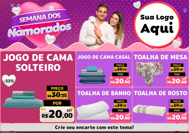 Modelo de Encarte para Encarte A4 Horizontal com o tema Semana dos Namorados para Cama, Mesa e Banho
