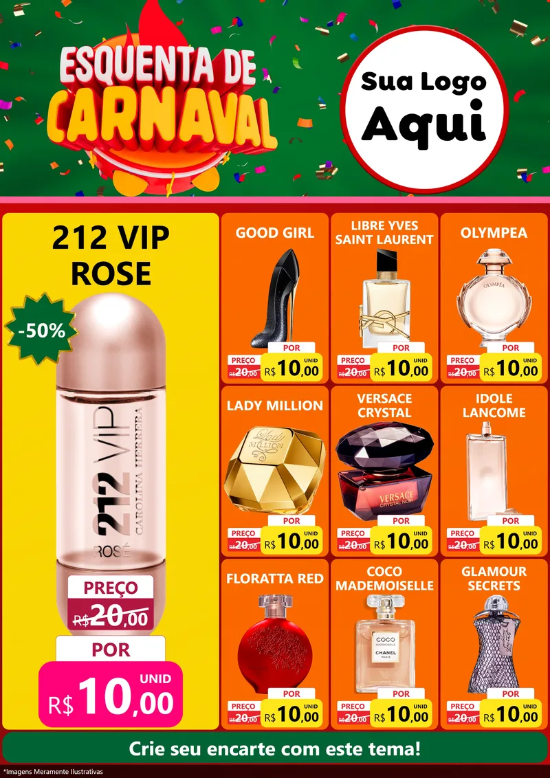 Modelo de Encarte para Encarte A4 Vertical com o tema Esquenta de Carnaval para Perfumes
