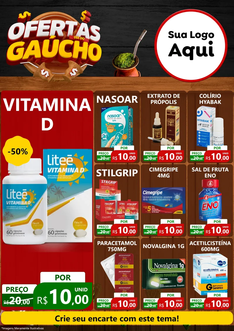 Modelo de Encarte para Encarte A4 Vertical com o tema Ofertas Dia do Gaúcho para Farmácia