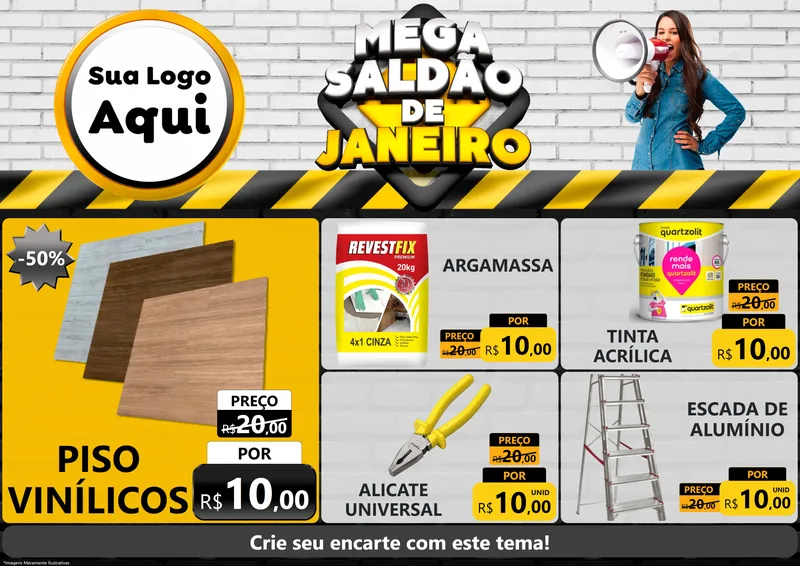 Modelo de Encarte para Encarte A4 Horizontal com o tema Mega Saldão de Janeiro para Material para Construção