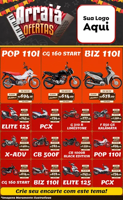 Modelo de Encarte para Encarte Grande com o tema Arraiá de Ofertas - Junina para Concessionaria de Motos