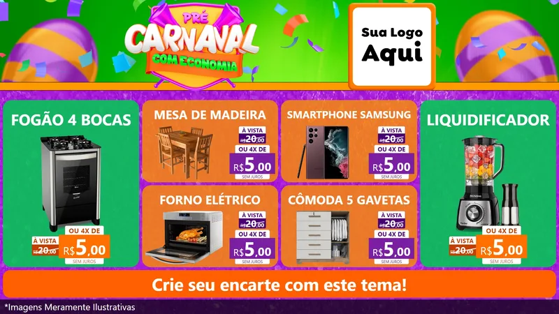 Modelo de TV para TV Horizontal com o tema Pré-Carnaval Com Economia para Móveis e Eletro