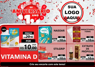 Modelo de Encarte para Encarte A4 Horizontal com o tema Promoção de Aniversário - 1 Ano para Farmácia