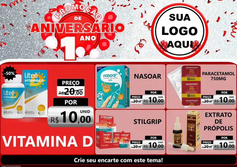 Modelo de Encarte para Encarte A4 Horizontal com o tema Promoção de Aniversário - 1 Ano para Farmácia