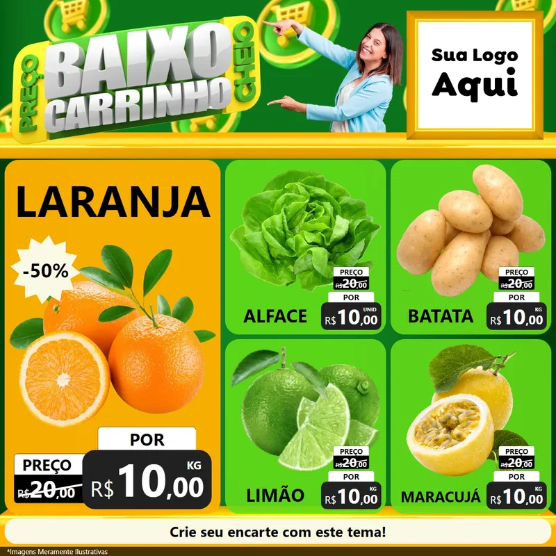 Modelo de Rede Social para Feed Facebook com o tema Preço Baixo Carrinho Cheio para Hortifrúti