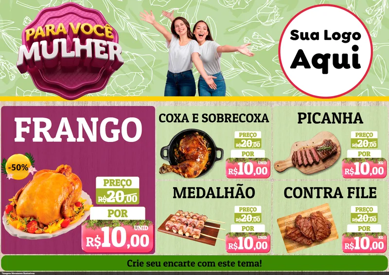 Modelo de Encarte para Encarte A4 Horizontal com o tema Para Você Mulher para Assados