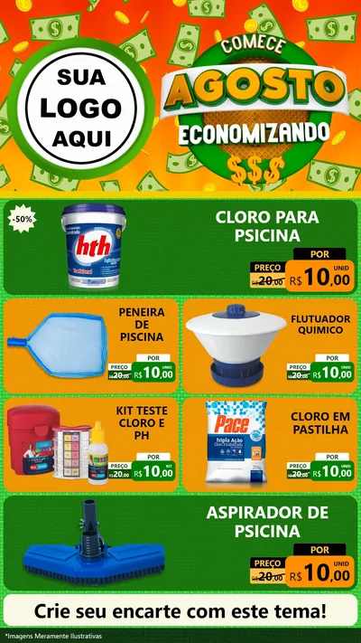 Modelo de TV para TV Vertical com o tema Comece Agosto Economizando para Produtos para Piscina