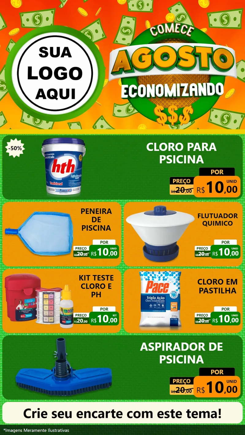Modelo de TV para TV Vertical com o tema Comece Agosto Economizando para Produtos para Piscina