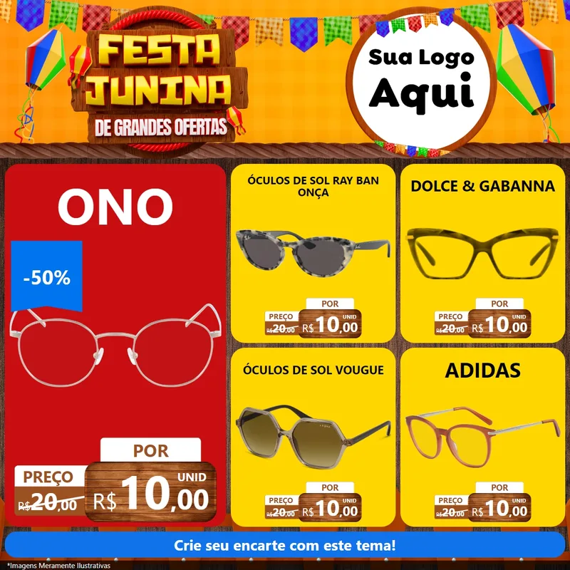 Modelo de Rede Social para Feed Facebook com o tema Festa Junina de Grandes Ofertas para Óticas