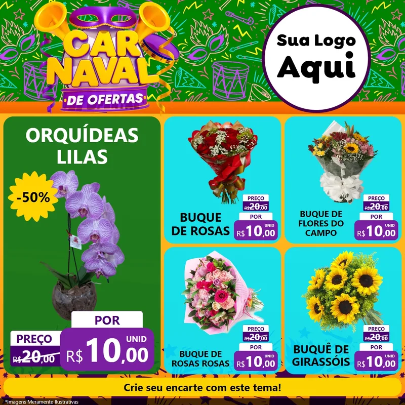 Modelo de Rede Social para Feed Facebook com o tema Carnaval de Ofertas para Floricultura e jardim