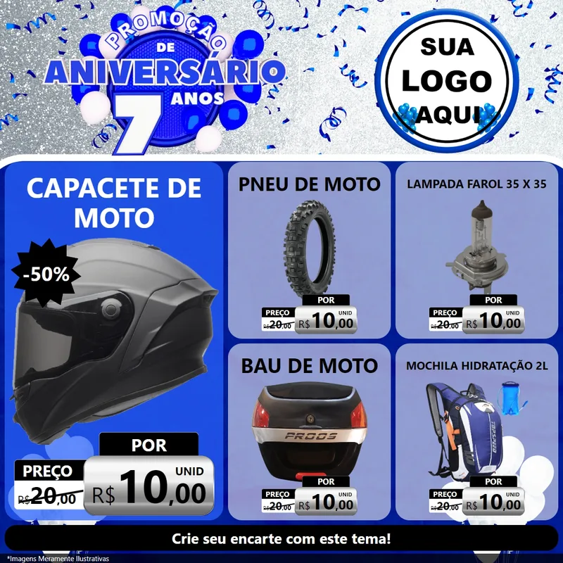 Modelo de Rede Social para Feed Facebook com o tema Promoção de Aniversário - 7 Anos para Moto peças
