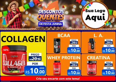 Modelo de Encarte para Encarte A4 Horizontal com o tema Descontos Quentes de Festa Junina para Suplementos alimentares