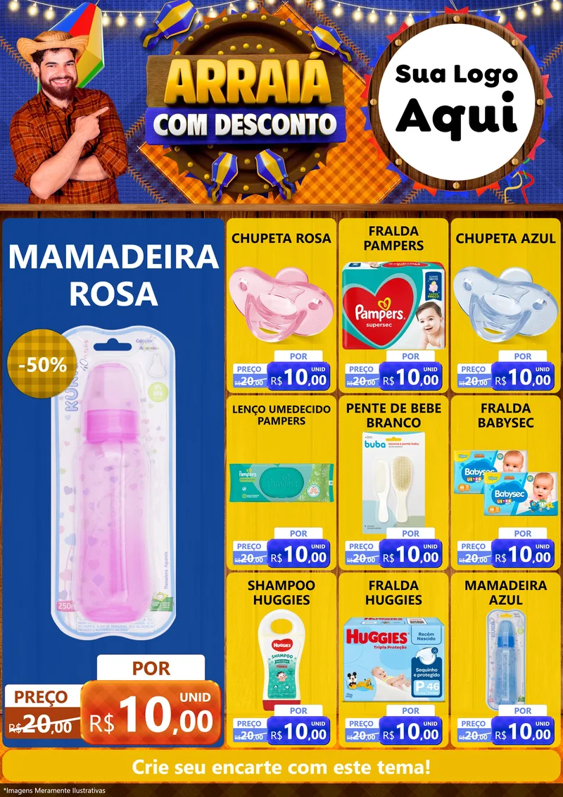 Modelo de Encarte para Encarte A4 Vertical com o tema Arraiá Com Desconto para Bebês