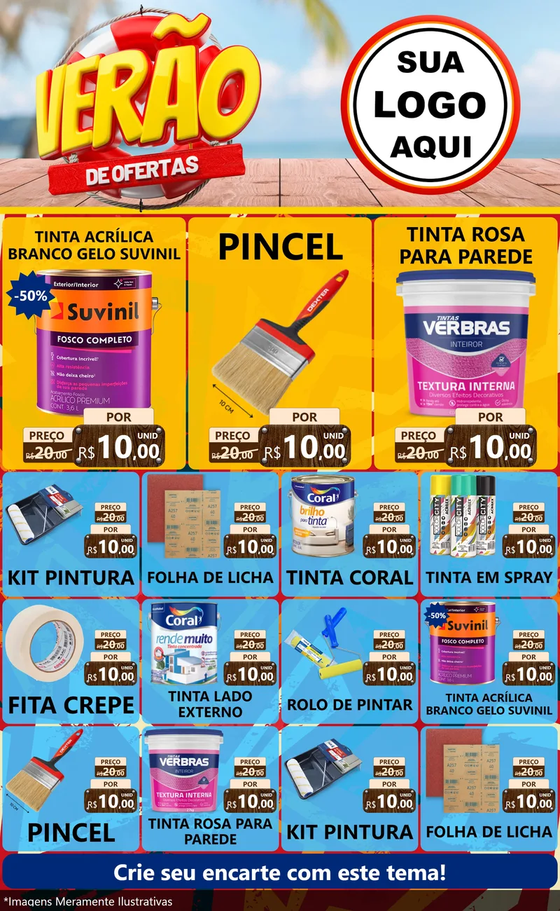 Modelo de Encarte para Encarte Grande com o tema Verão de Ofertas para Tintas e Ferramentas
