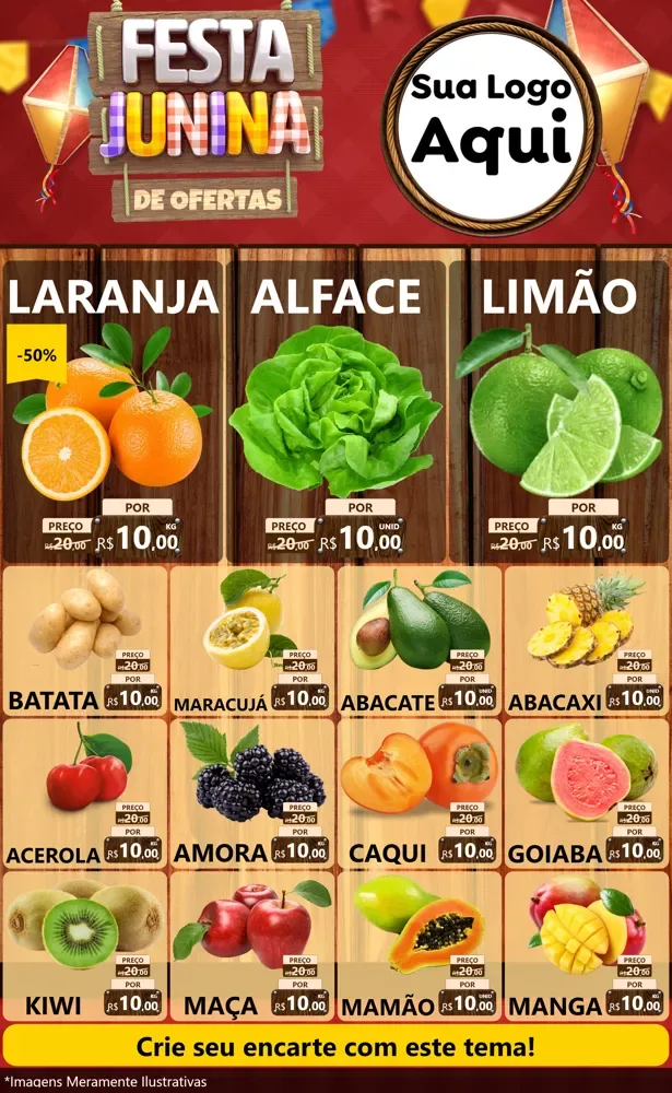 Modelo de Encarte para Encarte Grande com o tema Festa Junina de Ofertas para Hortifrúti