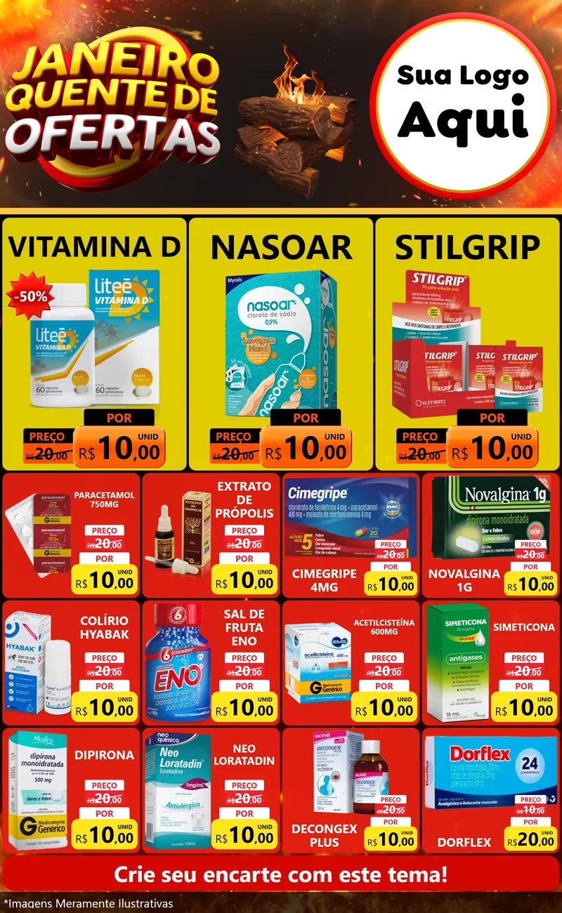 Modelo de Encarte para Encarte Grande com o tema Janeiro Quente de Ofertas para Farmácia