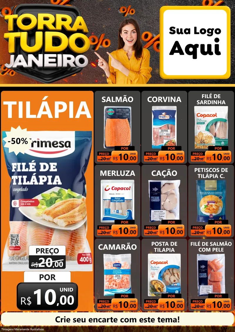 Modelo de Encarte para Encarte A4 Vertical com o tema Torra Tudo Janeiro para Peixaria