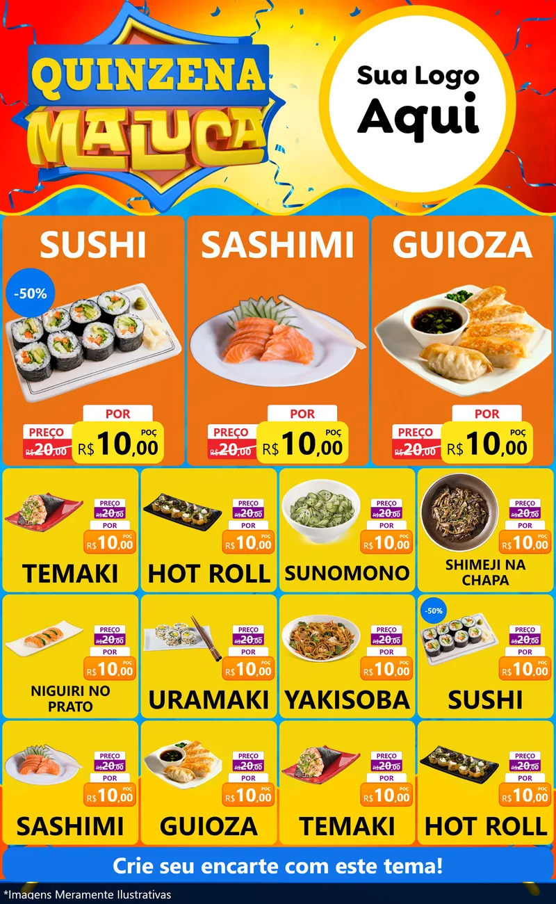 Modelo de Encarte para Encarte Grande com o tema Quinzena Maluca para Comida japonesa