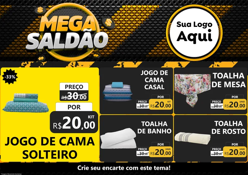 Modelo de Encarte para Encarte A4 Horizontal com o tema Mega Saldão para Cama, Mesa e Banho