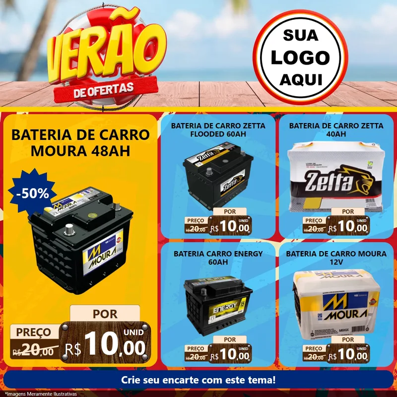 Modelo de Rede Social para Feed Facebook com o tema Verão de Ofertas para Baterias Elétricas