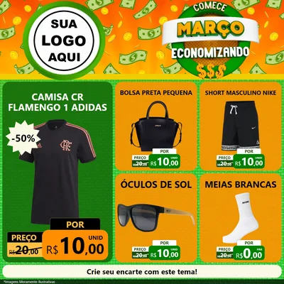 Modelo de Rede Social para Feed Facebook com o tema Comece Março Economizando para Roupas e acessórios
